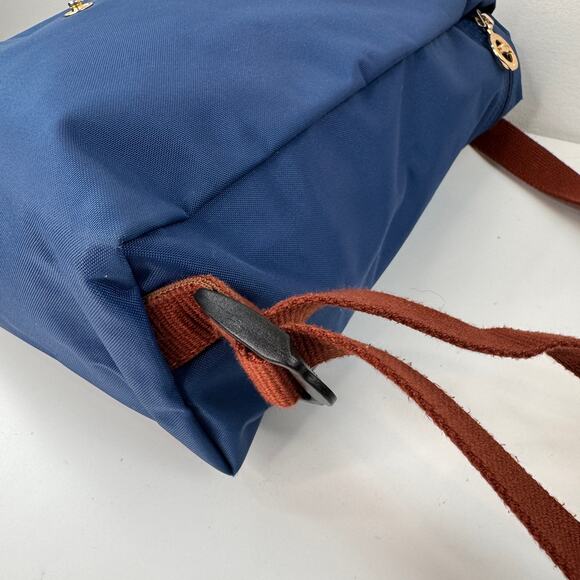 LONGCHAMP Le Pliage Backpack Navy Brown Snap Button Top Handle Adjustable FRANCE - Picture 7 of 12